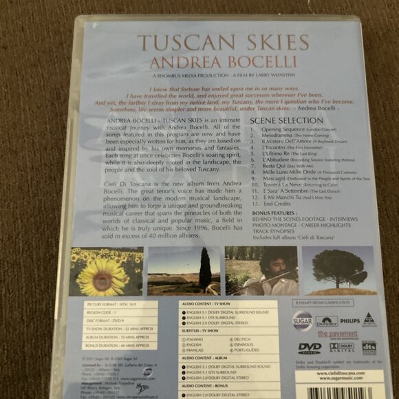 Andrea Bocelli Tuscan Skies DVD, 2002 Movie Cell Di Toscana Preowned Good - Picture 5 of 10